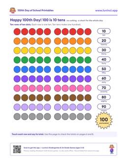 Free printable math worksheet: “100th Day of School Printables”, kindergarten and 1st grade