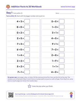 Free printable math worksheet: “Addition Facts to 20 Workbook”, 1st grade