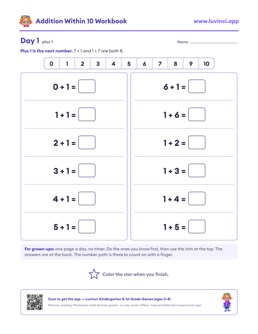 Free printable math worksheet: “Addition Within 10 Workbook”, kindergarten and 1st grade