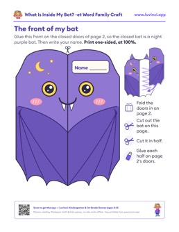 Free printable writing & fine motor printable: “What Is Inside My Bat? -et Word Family Craft”, kindergarten and 1st grade