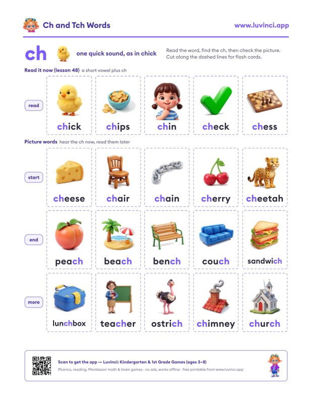 Preview of Ch Words and Tch Words: Digraph ch Lists + Free PDF