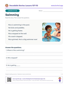 Free printable decodable stories with comprehension questions, lessons 107-110: Swimming, Skating, Fireflies (1st grade 2nd grade)