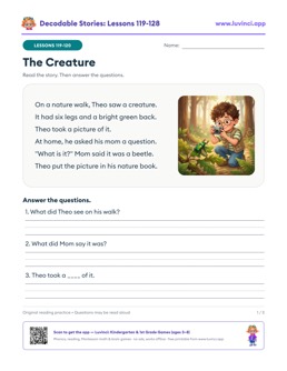 Free printable decodable stories with comprehension questions, lessons 119-128: The Creature, Ivy the Inventor, Leo's Bicycle (2nd grade)