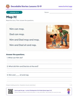 Free printable decodable stories with comprehension questions, lessons 13-19: Mop It!, Fun in the Sun, The Big Bug (kindergarten)