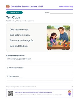 Free printable decodable stories with comprehension questions, lessons 20-27: Ten Cups, The Hot Dog, The Red Book (kindergarten)