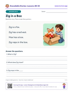 Free printable decodable stories with comprehension questions, lessons 28-34: Deb and the Yak, The Squid, Zig in a Box (kindergarten)