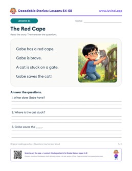 Free printable decodable stories with comprehension questions, lessons 54-58: The Red Cape, The Mole, The Mule (kindergarten 1st grade)