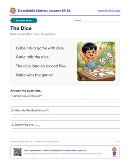 Free printable decodable stories with comprehension questions, lessons 59-62: The Dice, The Big Cube, The Cone (1st grade)