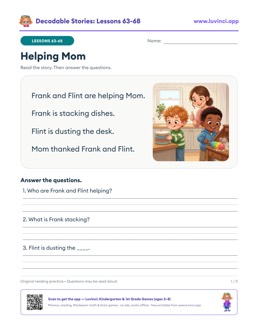 Free printable decodable stories with comprehension questions, lessons 63-68: Helping Mom, The Rabbit, Milo and the Frog (1st grade)
