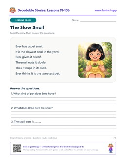 Free printable decodable stories with comprehension questions, lessons 99-106: The Slow Snail, Bolt the Robot, Ava's Horse (1st grade 2nd grade)