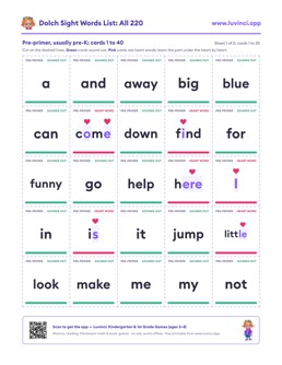 Free printable sight words printable: “Dolch Sight Words List: All 220 by Grade”, kindergarten and 1st grade