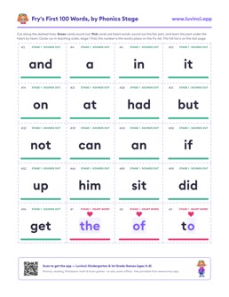 Free printable sight words printable: “Fry Sight Words List & Flash Cards: First 100”, kindergarten and 1st grade