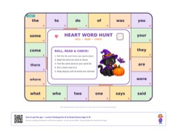 Free printable heart words roll and read board game: “Sight Word Board Game: 20 Heart Words”, kindergarten and 1st grade