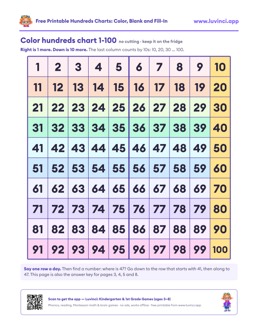 Free printable math worksheet: “Hundreds Chart 1-100”, kindergarten and 1st grade