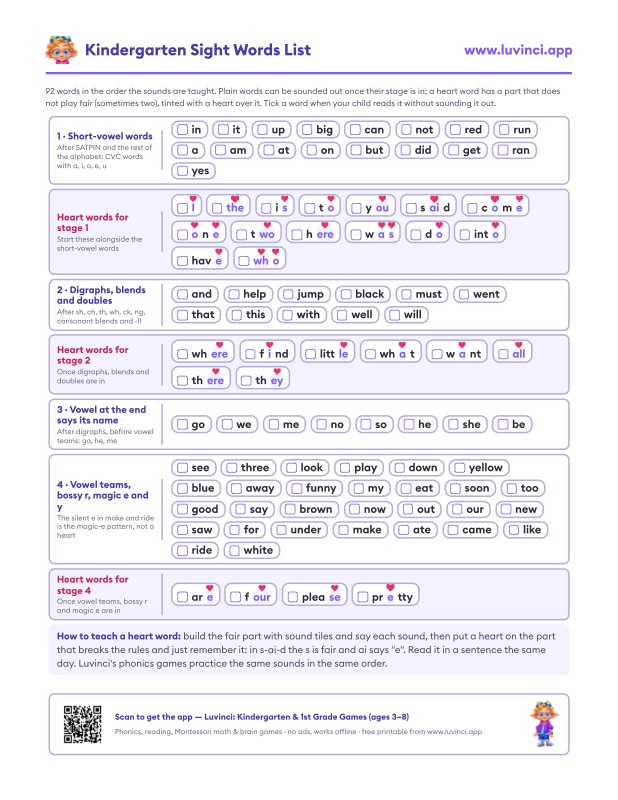Preview of Kindergarten Sight Words List: 92 Dolch Words (Free Printable PDF)