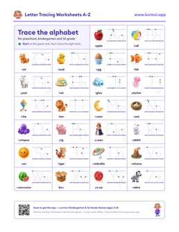 Free printable writing & fine motor printable: “Letter Tracing Worksheets A-Z (Free Alphabet Tracing PDF)”, pre-K and kindergarten