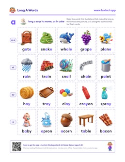Free printable long vowels printable: “Long A Words: Lists by Spelling for Kindergarten and 1st Grade” (UFLI lessons 54–62), kindergarten and 1st grade