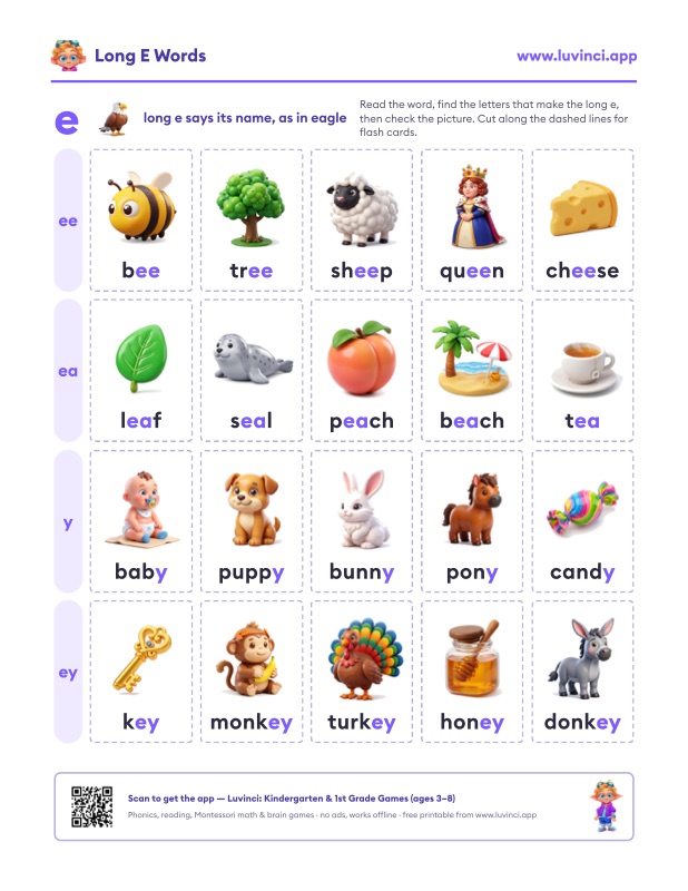 Preview of Long E Words: Lists by Spelling (ee, ea, y), With Sentences