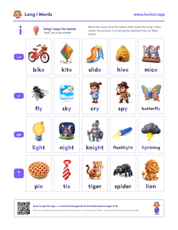 Preview of Long I Words: Lists by Spelling (i_e, y, igh, ie), With Sentences