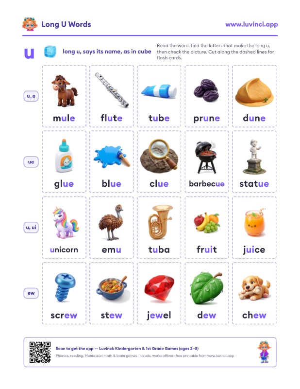 Preview of Long U Words: Lists by Spelling (u_e, ue, ew), With Sentences
