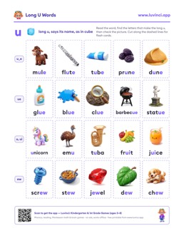 Free printable long vowels printable: “Long U Words: Lists by Spelling (u_e, ue, ew), With Sentences” (UFLI lessons 54–62), kindergarten and 1st grade