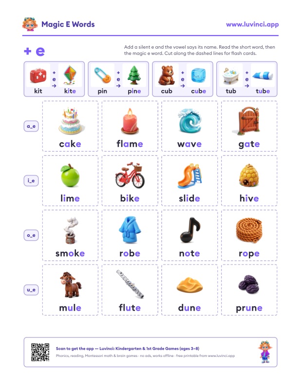 Preview of Magic E Words: Silent E Words List by Vowel (Free PDF)