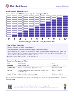 Free printable math worksheet: “Math Card Games”, kindergarten and 1st grade