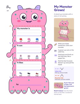 Free printable writing & fine motor printable: “My Monster Grows! Stretchy Accordion Monster Writing Craft”, kindergarten and 1st grade
