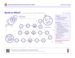 Free printable short vowels spinner board game and word list: “Nonsense Words List by Grade: Screened + Free PDF”, kindergarten and 1st grade