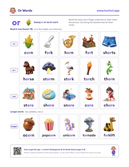 Free printable bossy r printable: “Or Words Flash Cards: or and ore” (UFLI lessons 77–83), kindergarten and 1st grade