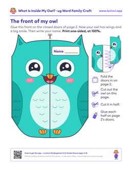Free printable writing & fine motor printable: “What Is Inside My Owl? -ug Word Family Craft”, kindergarten and 1st grade