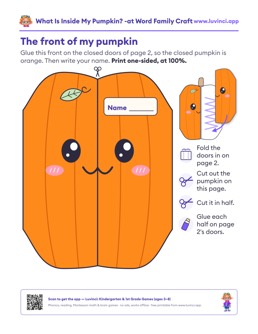 Free printable writing & fine motor printable: “What Is Inside My Pumpkin? -at Word Family Craft”, kindergarten and 1st grade