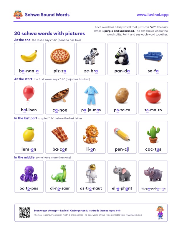 Preview of Schwa Sound Words: Schwa Words List With Pictures + PDF