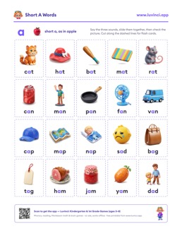 Free printable short vowels printable: “Short A Words: Lists by Word Family, Plus Free Flash Cards” (UFLI lessons 35–41), kindergarten and 1st grade