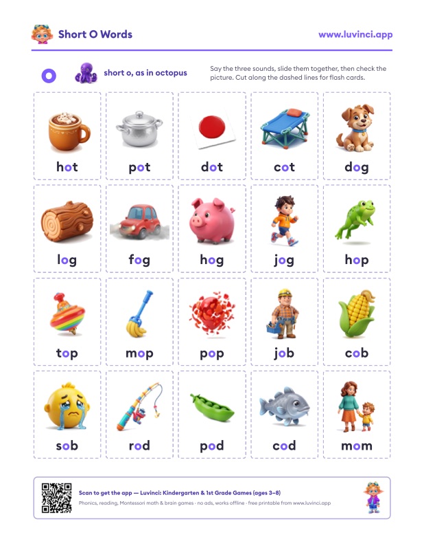 Preview of Short O Words: Word Lists and Sentences for Kindergarten