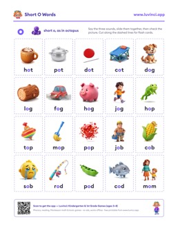 Free printable short vowels printable: “Short O Words: Word Lists and Sentences for Kindergarten” (UFLI lessons 35–41), kindergarten and 1st grade