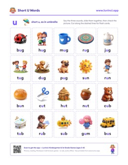 Free printable short vowels printable: “Short U Words: Word Lists and Sentences for Kindergarten” (UFLI lessons 35–41), kindergarten and 1st grade
