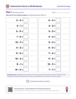 Free printable math worksheet: “Subtraction Facts to 20 Workbook”, 1st grade