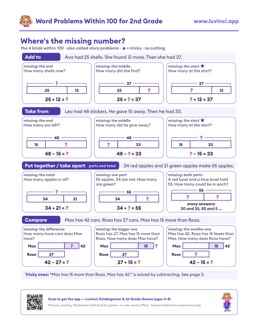 Free printable math worksheet: “Word Problems Within 100”, 2nd grade