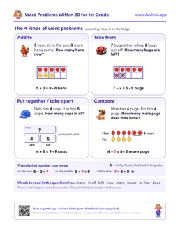 Free printable math worksheet: “Word Problems Within 20”, 1st grade