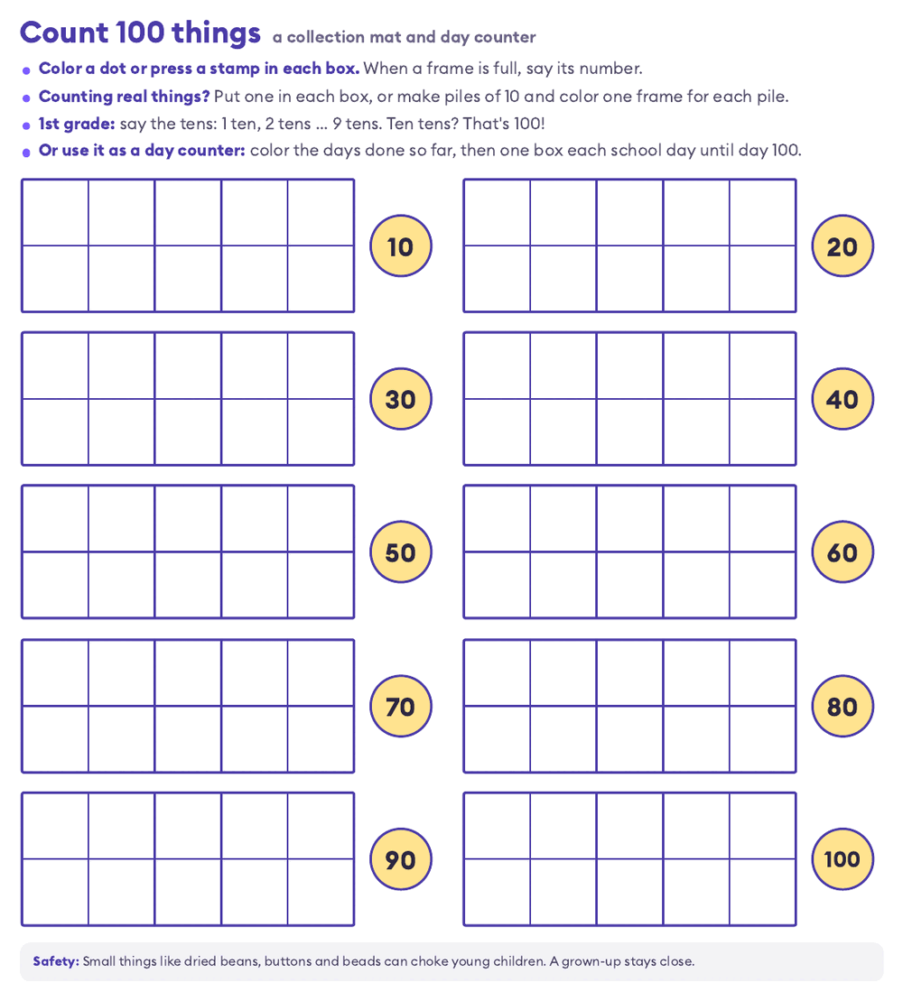 100th day counting mat: 10 empty ten frames with the totals 10, 20, 30 up to 100 beside them