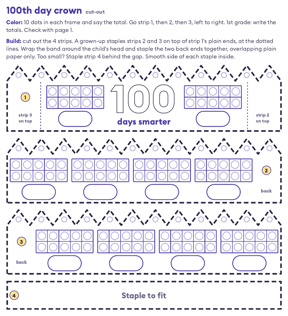 100th day of school printables crown: cut-out strips with ten frames to color and a total under each