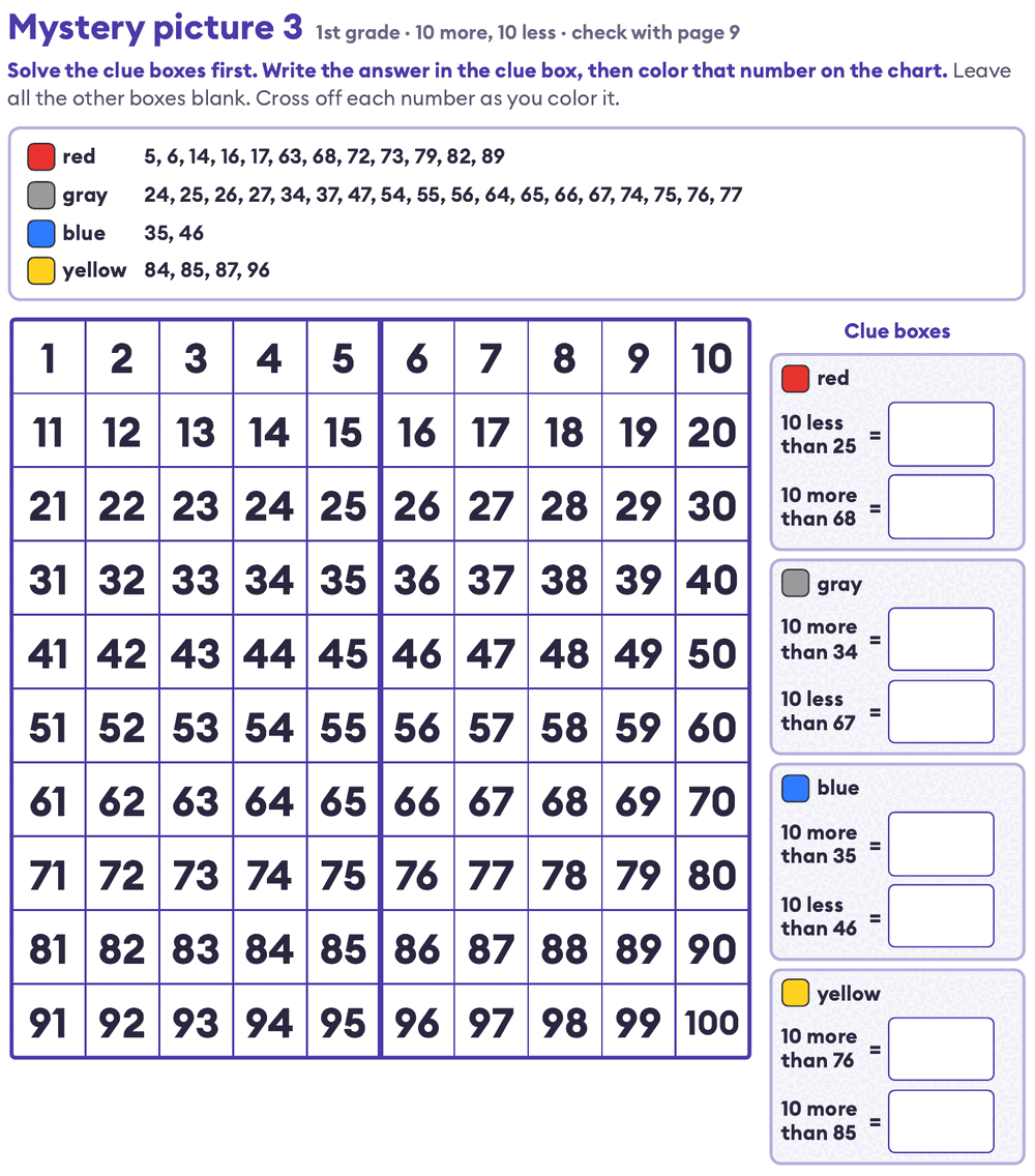 mystery picture hundreds chart for 1st grade with a 4-color key and 10 more, 10 less clues