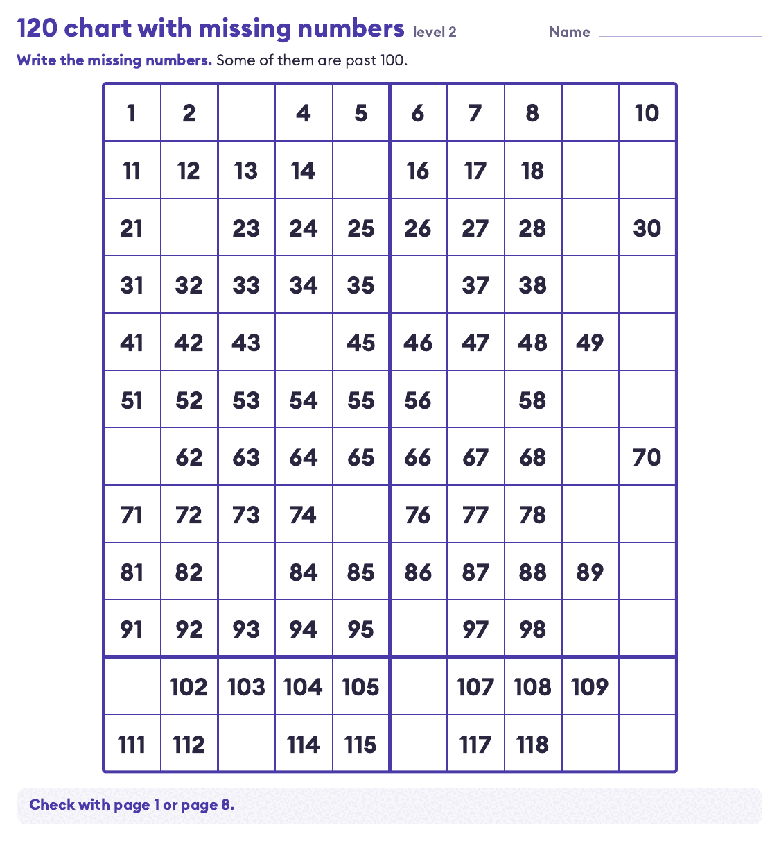 120 chart with missing numbers for 1st grade: a full 1 to 120 chart with 32 empty boxes to fill in