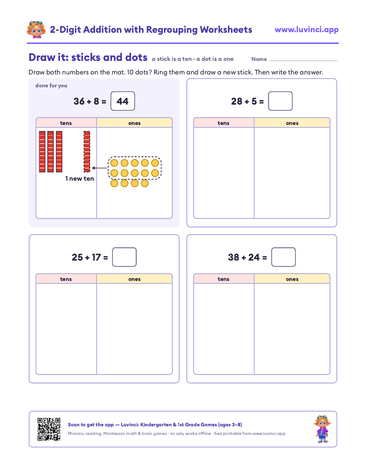 Draw it worksheet: 28 + 5, 25 + 17 and 38 + 24 to draw with tens sticks and ones dots on a mat, with 36 + 8 done for you
