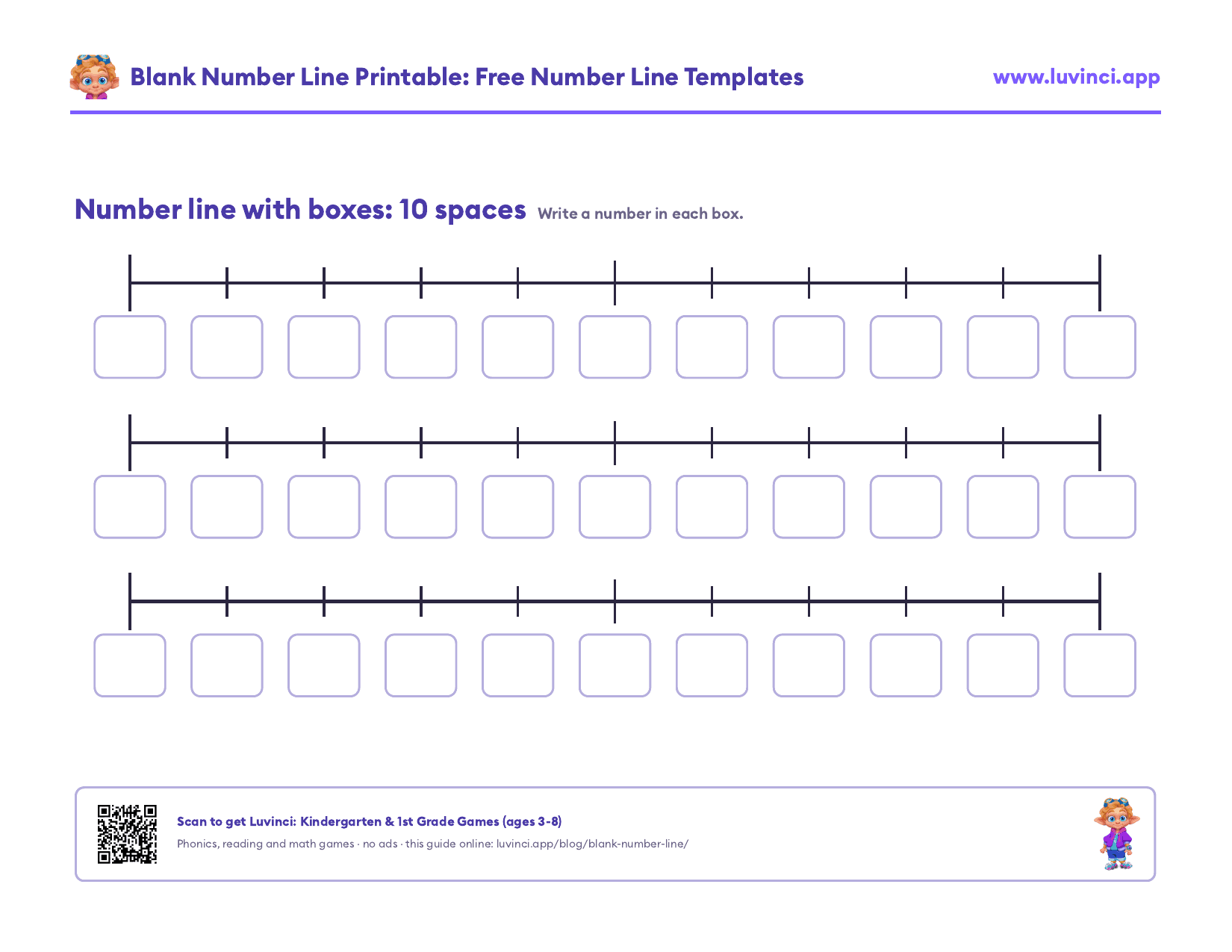 Blank number line template with a box under each of the 11 tick marks for writing the numbers