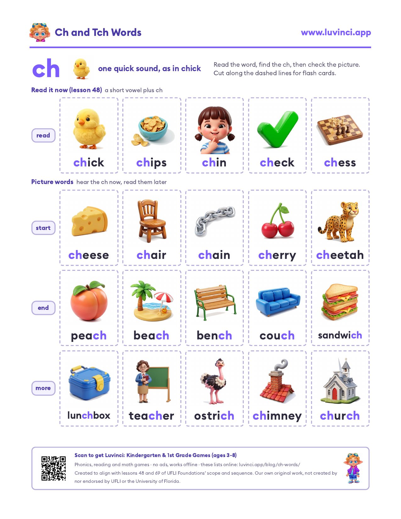 Ch words with pictures: 20 flash cards, including chick, chips, cheese, chair, peach, bench and lunchbox
