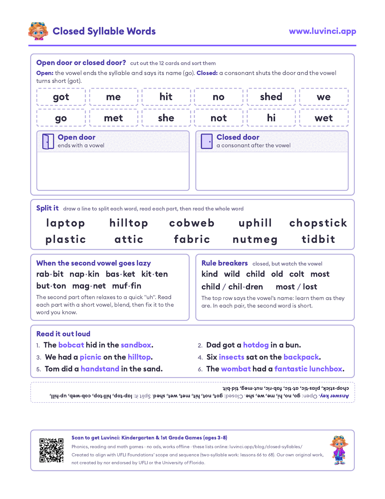 Open or closed syllable sort worksheet, with split-it practice, lazy vowels, rule breakers and sentences to read aloud