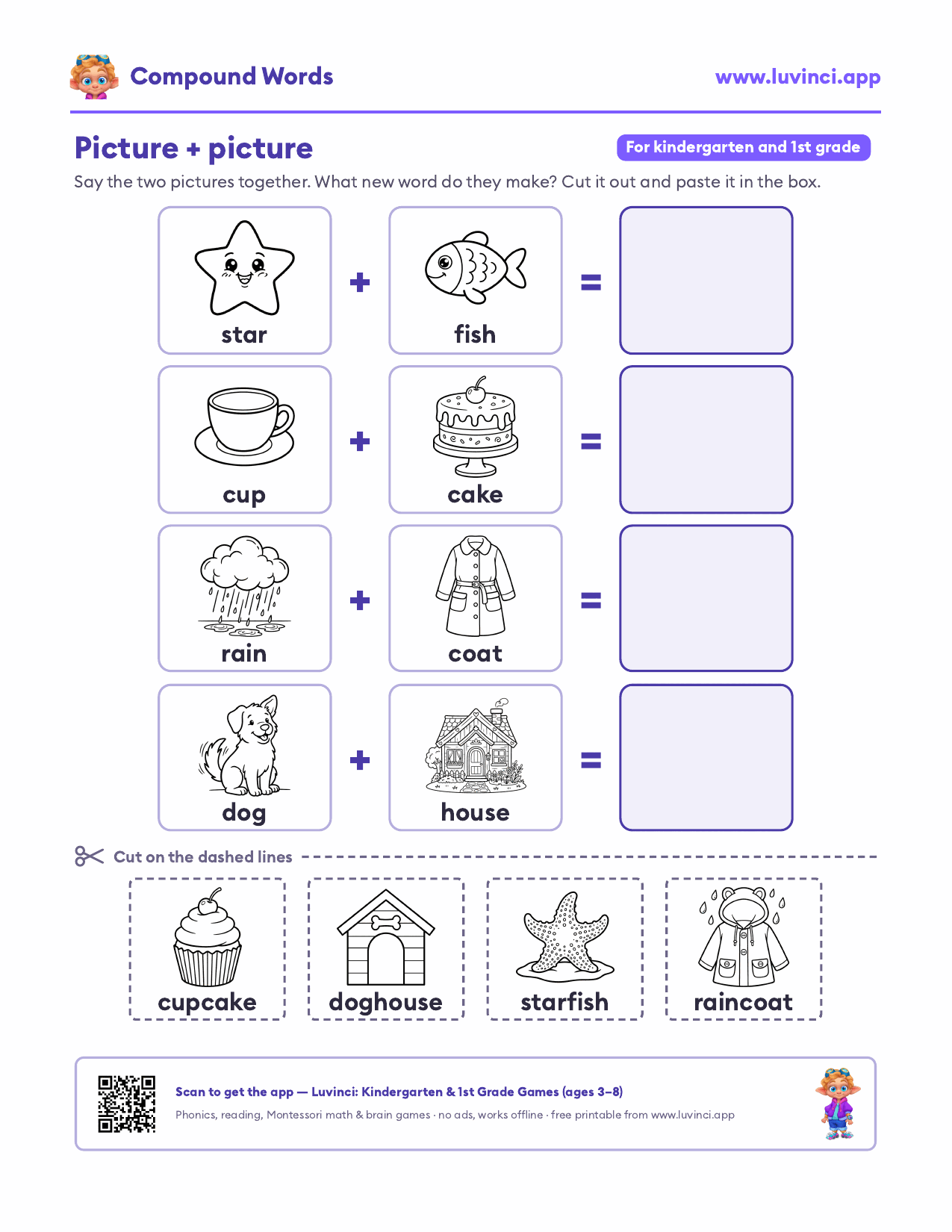 Compound words worksheet: picture sums like star plus fish and cup plus cake, with the whole pictures to cut out and paste