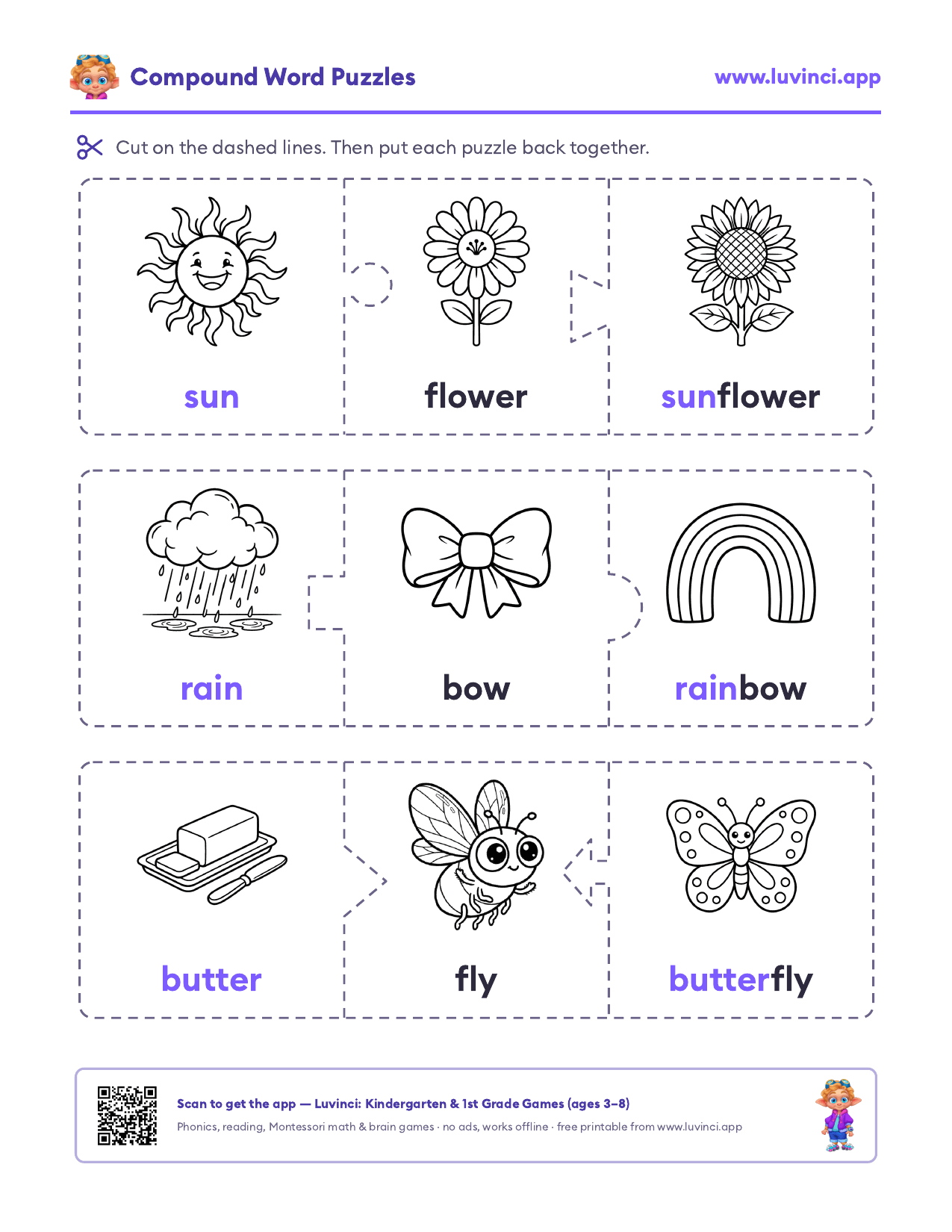 Compound words worksheet: three-piece picture puzzles like sun, flower and sunflower